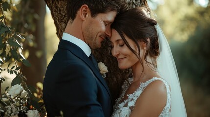 Beautiful newlyweds cuddle in a green garden with trees. Young bride and cute bride are standing in the park