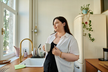 A confident woman savors her coffee while gazing out the window.