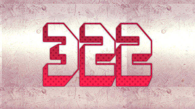 Cute 3d bold outline pink number design of 322 on white background.