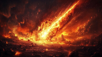Naklejka premium meteorite blazes through Earth's atmosphere, creating a fiery trail against a dark sky, symbolizing cosmic power, celestial phenomena, and the unpredictability of nature's forces