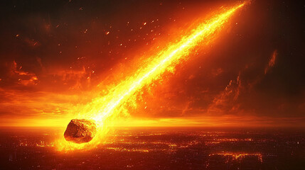 meteorite blazes through Earth's atmosphere, creating a fiery trail against a dark sky, symbolizing cosmic power, celestial phenomena, and the unpredictability of nature's forces