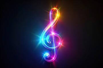 Macro dazzling treble clef made of glowing neon colors