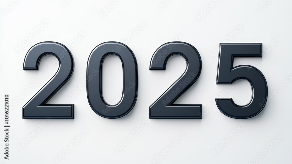 Poster a close-up view of the year 2025 displayed in bold black numbers against a light background, highlig