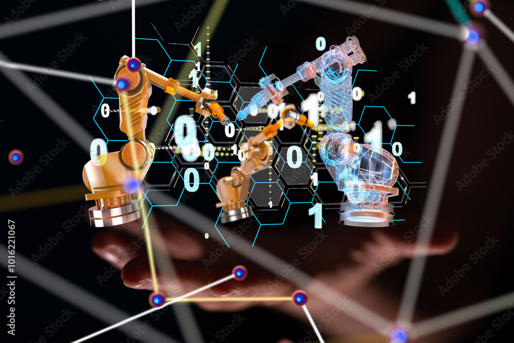 Poster Neural network 3D illustration. Big data and cybersecurity
