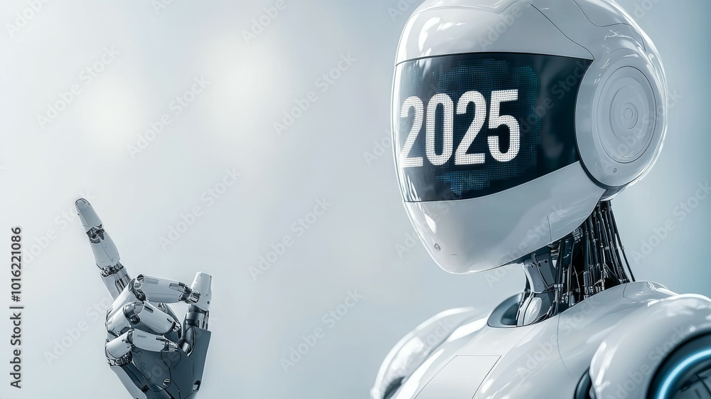 Poster a futuristic robot pointing at the year 2025, showcasing advanced technology in a modern, sleek desi