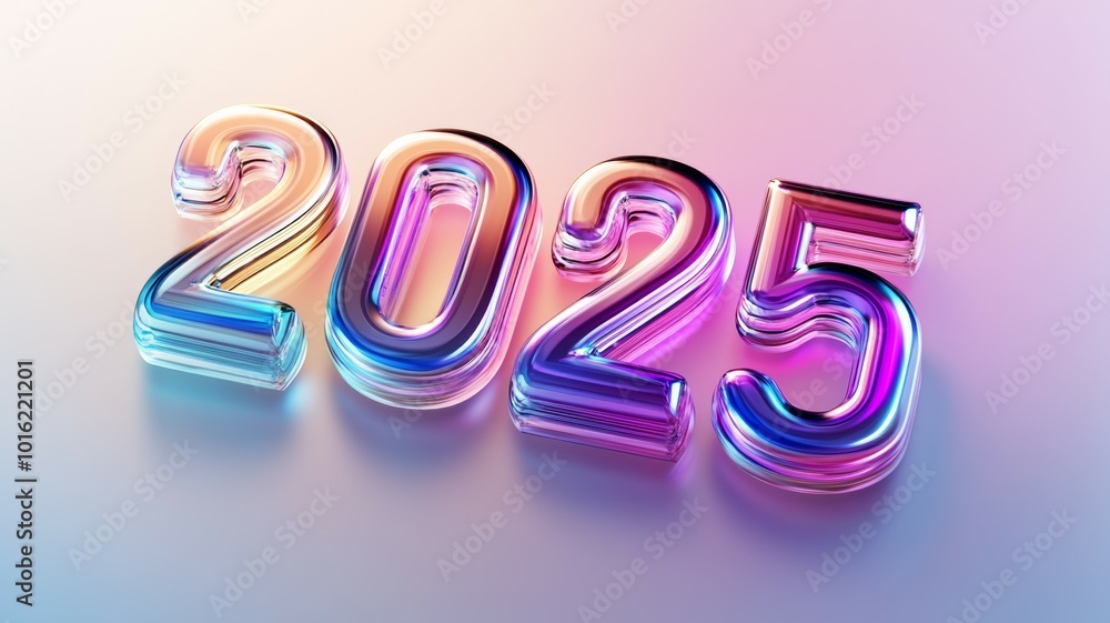 Poster colorful and reflective 2025 numbers in futuristic style showcasing vibrant hues against a soft grad