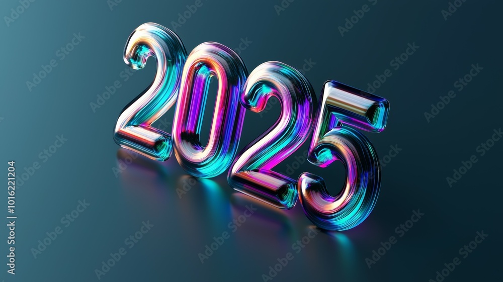 Poster colorful 3d representation of the year 2025 displayed on a reflective surface with vibrant hues and 