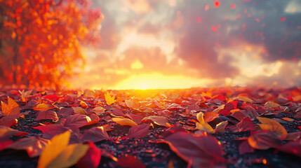 The golden rays of an autumn sunset illuminate a vast landscape of fallen leaves, creating a warm and tranquil scene that captures the essence of a peaceful evening.