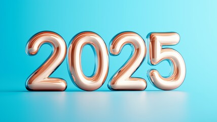 Stylish metallic numbers representing the year 2025 on a light blue background, ideal for celebrations, events, and New Year's festivities