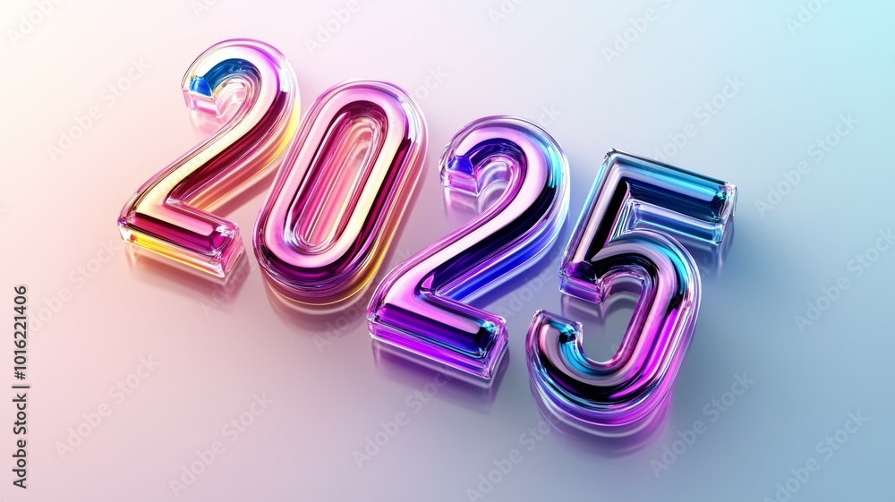 Poster colorful and reflective 2025 text display on a bright background symbolizing the new year celebratio
