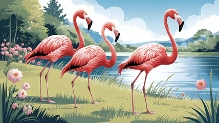 Group of Flamingos standing on a grassy field next to a lake, watercolor texture
