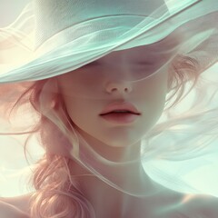 Fototapeta premium Woman with summer hat, soft breeze effect, 3D illustration 