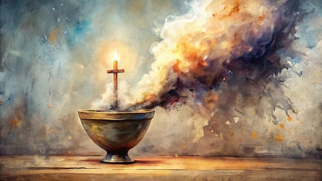 A burning wooden cross rising from a golden chalice surrounded by ethereal smoke, painting a scene of spiritual ascension and transcendence. - Powered by Adobe