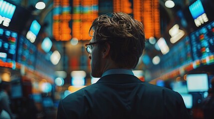 Stock exchange screens showing market fluctuations and trades as an investor walks through the trading floor.