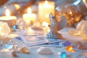 Angel Card. Homemade Deck with Divination Angel Cards on White Table, Crystal Surroundings and Candles.