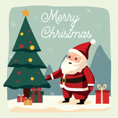 Illustration of Santa Claus next to a decorated Christmas tree with presents. The words Merry Christmas appear in the background, making it perfect for holiday cards and festive designs