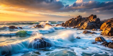 Naklejka premium Oceanic Choreography Majestic waves crash against a rocky shore as the sky ignites with the colors of sunrise, creating a breathtaking spectacle of nature's beauty.