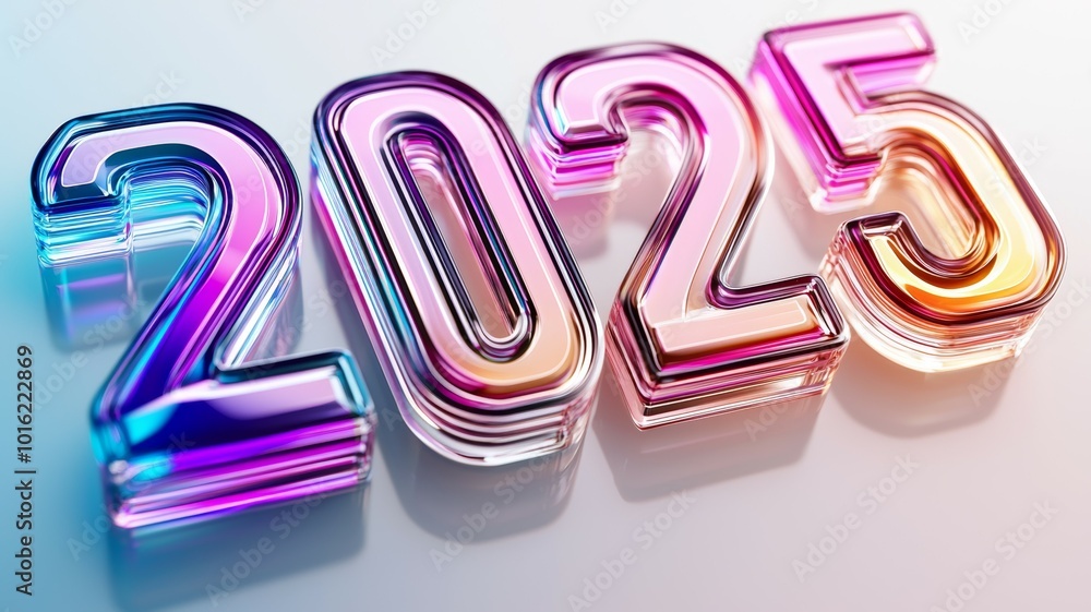 Poster colorful transparent numbers representing the year 2025 with a gradient effect showcasing vibrant hu