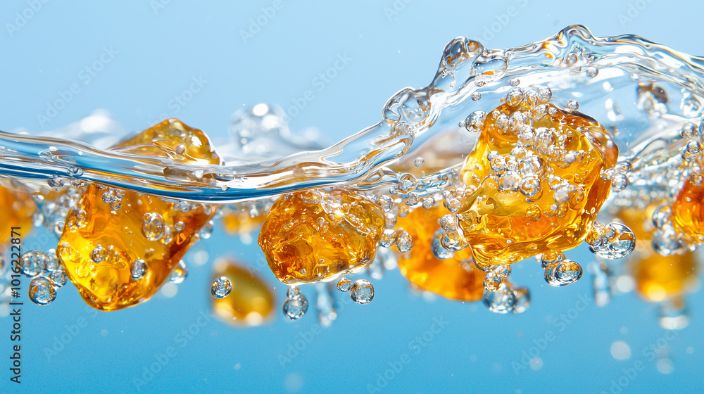Aufkleber mesmerizing close up of golden flakes suspended in clear liquid, creating stunning visual effect. bubbles add dynamic touch to this captivating scene