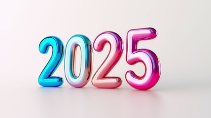 Colorful metallic numbers representing the year 2025 shine brightly against a minimalistic background, capturing the essence of future celebrations and events
