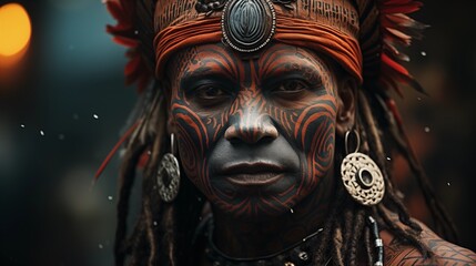illustration portrait of tribal man with traditional painting on face and head bead accessory