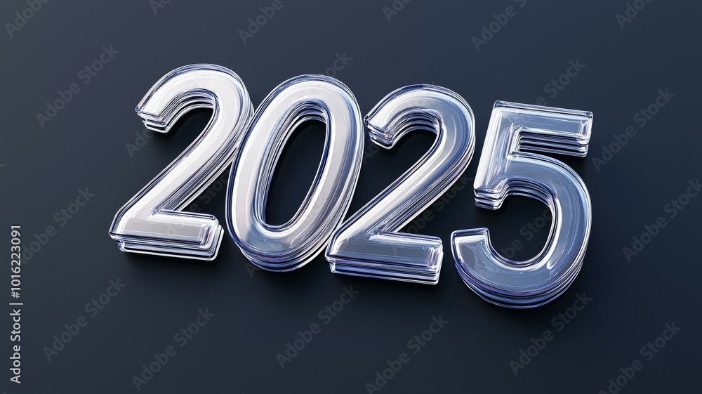 Poster three-dimensional transparent numbers representing the year 2025 with reflections against a dark bac