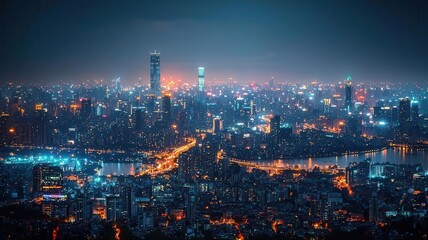 Fototapeta premium A stunning aerial view of a vibrant city skyline illuminated at night, showcasing beautiful lights and a bustling urban atmosphere.