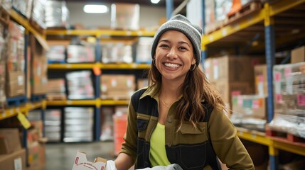 Young woman volunteer in warehouse with donations. Wears vibrant green jacket, gray beanie, smiling face. Blue shelf filled with boxes, crates behind. Warehouse setting with shelves, racks for