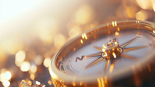 golden compass pointing towards true north, symbolizing guidance and direction. shimmering background enhances sense of adventure and exploration