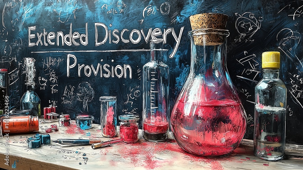 Poster laboratory table with glassware and extended discovery provision text