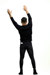 A man, full-length, on a white background, waving his arms