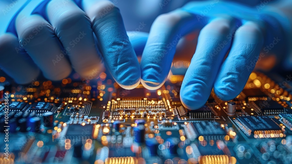 Aufkleber electronic component testing with specialized equipment by an engineer wearing gloves.
