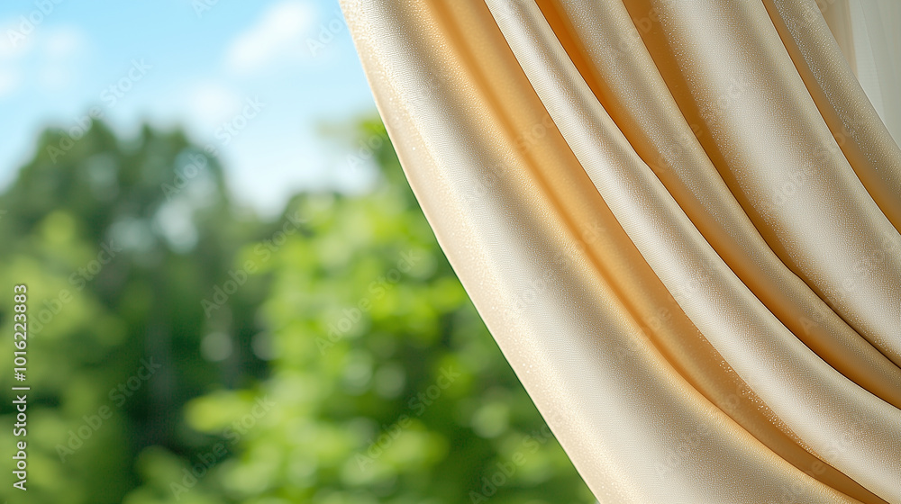 Aufkleber soft, flowing curtains in warm cream color gently drape against backdrop of lush greenery, creating 