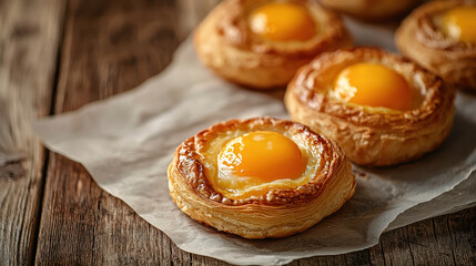 A selection of freshly baked pastries showcasing egg centers, neatly presented on parchment paper, creating a satisfying and homemade culinary impression.