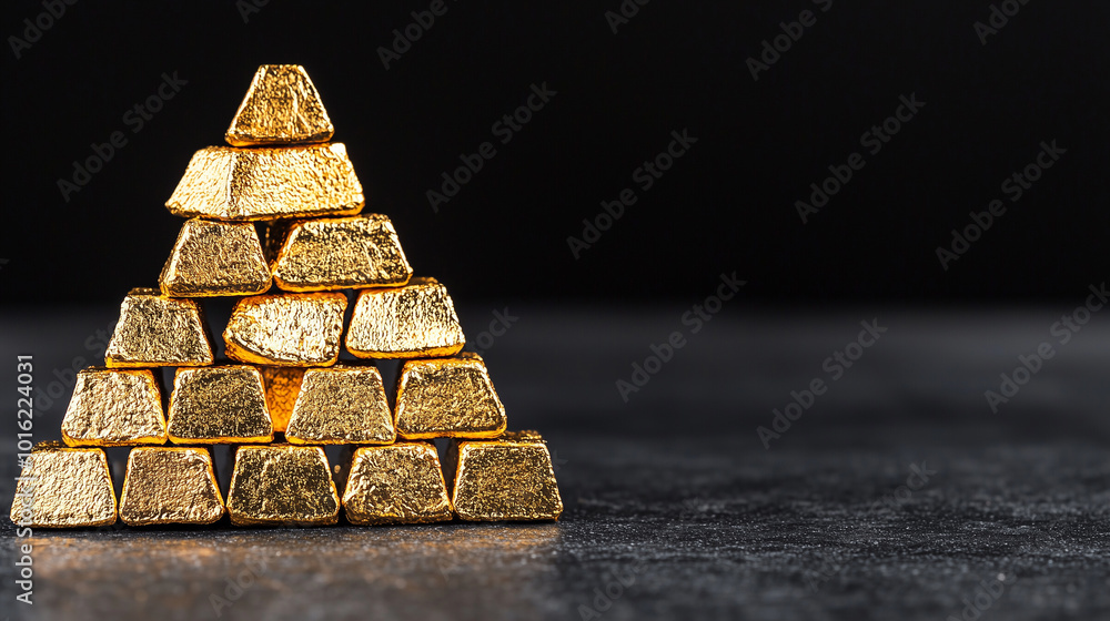 Poster Gold bricks stacked in pyramid formation symbolize wealth and prosperity. shiny surface reflects light, creating striking visual against dark background