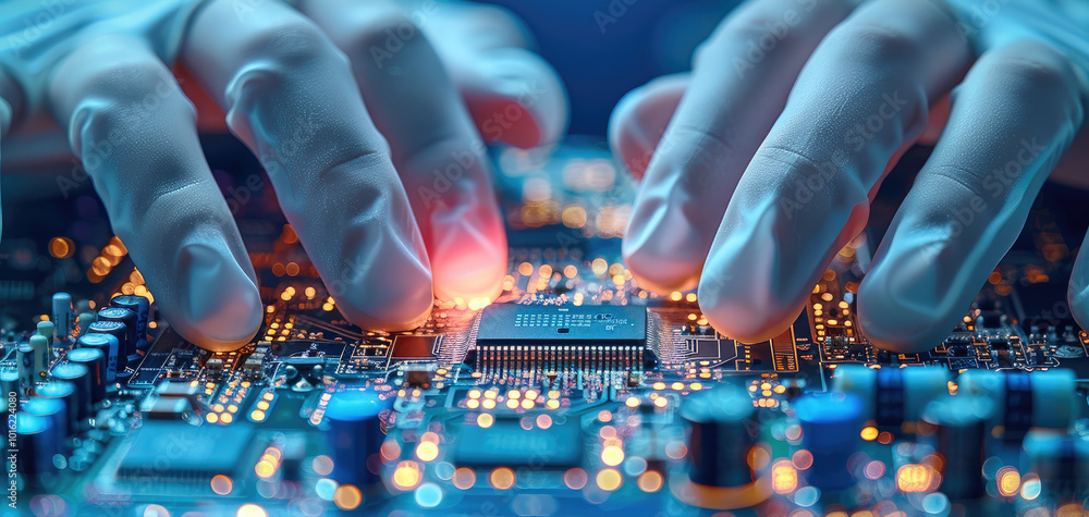 Aufkleber electronic component testing with specialized equipment by an engineer wearing gloves.