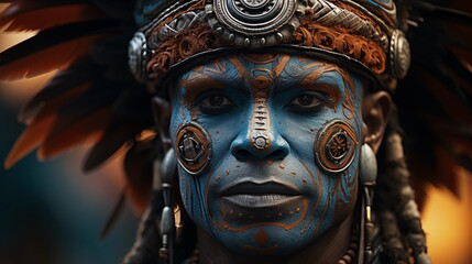 Obraz premium illustration portrait of tribal man with traditional painting on face and head bead accessory