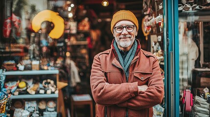 Obraz premium A stylish elderly man with glasses and a yellow hat stands confidently in front of a vintage store, showcasing an eclectic collection of items behind him.