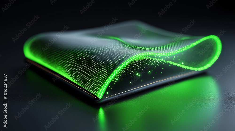 Poster digital wallet design featuring flowing, translucent surface illuminated with green binary code patterns, symbolizing modern technology and innovation