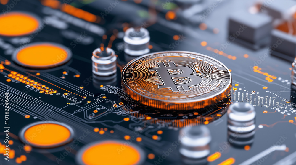 Poster Digital coins are depicted flowing on circuit board, showcasing intersection of technology and cryptocurrency. vibrant colors and intricate details evoke sense of innovation and modern finance