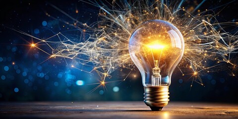 A luminous light bulb, emanating radiant energy, sits on a wooden surface, bathed in a swirling, shimmering glow, representing the brilliance of new ideas and the spark of inspiration.
