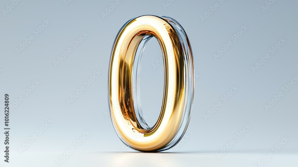 Poster a shiny metallic golden number zero with a smooth finish displayed against a light gray background