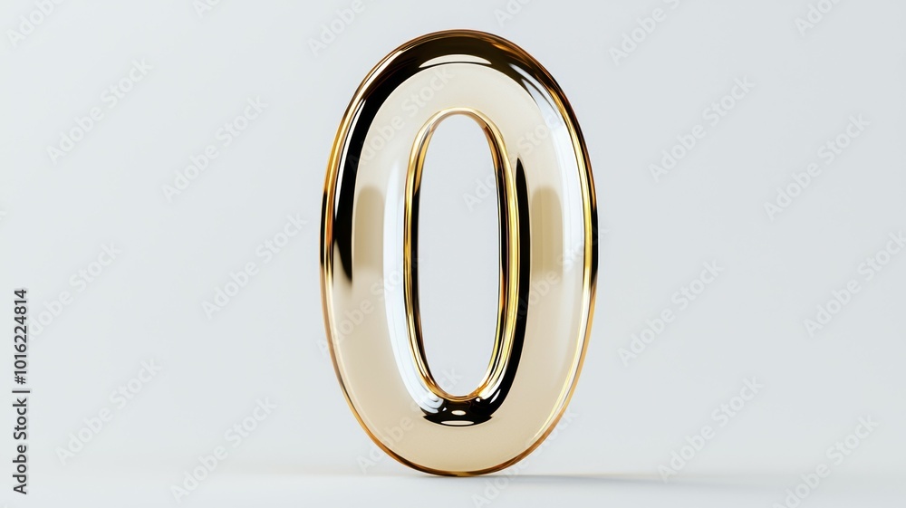 Poster elegant 3d golden number zero with smooth reflective surface against a minimalist light background