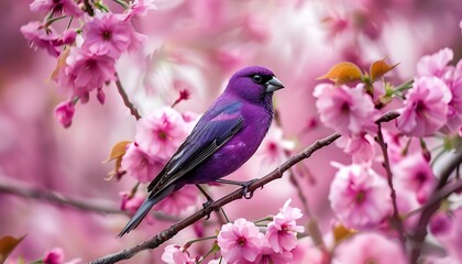 Obraz premium violet finch perched on cherry blossom branch the pink flowers in full bloom around it