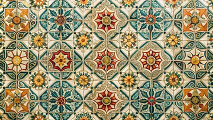 A symphony of color and intricate patterns on a tiled surface, showcasing a mesmerizing blend of floral motifs and geometric shapes.