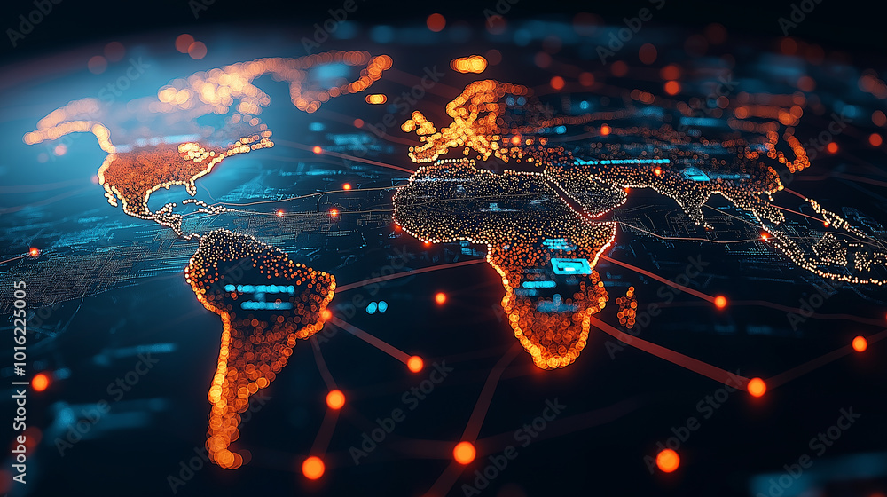Aufkleber digital representation of world map illuminated with glowing connections, showcasing global networks and data flow. vibrant colors and intricate details evoke sense of technological advancement and