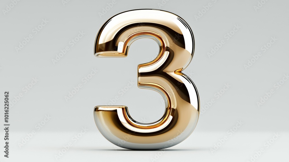 Poster shiny golden number three with reflective surface against a soft gray background