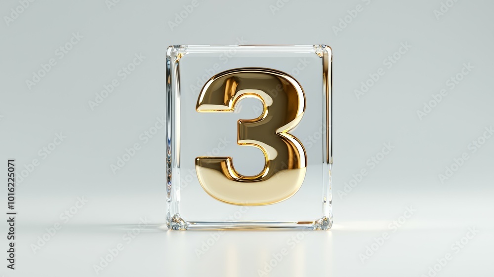 Poster elegant golden three sculpture in a clear block on a simple background