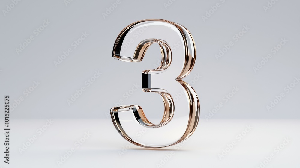 Poster stylish three-dimensional glass number three on a minimalistic background, emphasizing modern design