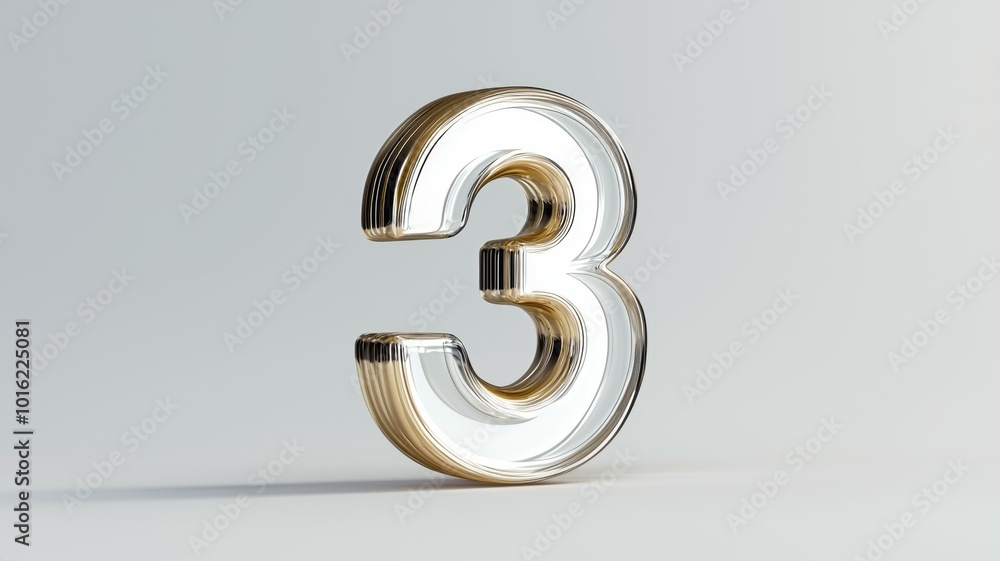 Poster three-dimensional glass number three design showcased on a minimalist background with soft lighting
